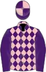 Pink, purple diamonds, purple sleeves, quartered cap