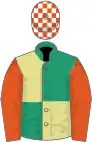 Emerald green and yellow (quartered), orange sleeves, orange and white check cap