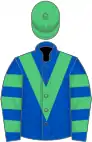 ROYAL BLUE, emerald green chevron, hooped sleeves, emerald green cap