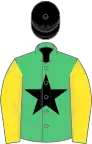 Emerald green, black star, yellow sleeves, black cap