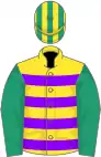 yellow, violet hoops, emerald green sleeves, yellow cap, emerald green stripes