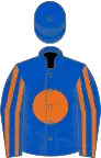 Royal blue, orange disc, striped sleeves, royal blue cap