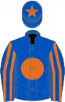 Royal blue, orange disc, striped sleeves, star on cap