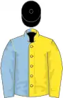 Yellow and light blue (halved), black cap