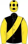 Black, yellow sleeves and sash, yellow cap, black spots