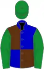 Blue and brown (quartered), green sleeves and cap