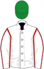 White, red seams on sleeves, green cap