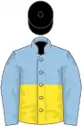 Light blue and yellow (halved horizontally), light blue sleeves, black cap
