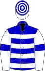 Blue and white hoops, white sleeves, blue armlets, hooped cap