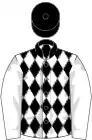 Black and white diamonds, white sleeves, black cap