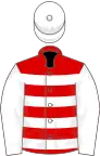 Red and white hoops, white sleeves and cap