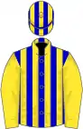 Blue and yellow stripes, yellow sleeves, striped cap