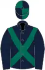 Dark blue, green cross belts, dark blue sleeves, green cap, dark blue quartered