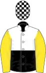 Black and white (halved), yellow sleeves, black and white checked cap