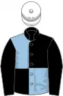 Black and light blue (quartered), black sleeves, white cap