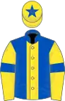 Royal blue, yellow stripe, yellow sleeves, royal blue armlets and star on yellow cap