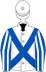 White, royal blue cross belts, royal blue and white striped sleeves