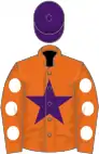 Orange, purple star, white spots on sleeves, purple cap