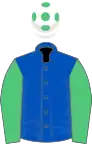 Royal blue, emerald green sleeves, white cap, emerald green spots