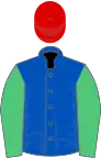 Royal blue, emerald green sleeves, red cap