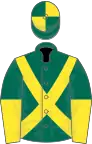 Dark green, yellow cross-belts, halved sleeves, quartered cap