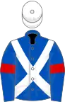 Royal blue, white cross belts, royal blue sleeves, red armlets, white cap