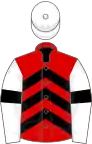 Red, black chevrons, white sleeves, black armlets, white cap