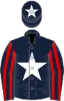 Dark blue, white star, red striped sleeves, white star on cap