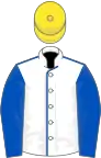 White, royal blue seams and sleeves, yellow cap