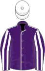 Purple, white seams, striped sleeves, white cap