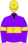 Violet, yellow hoop on body and sleeves, yellow cap