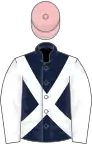 Dark blue, white cross belts and sleeves, pink cap
