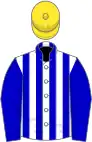 White and blue stripes, blue sleeves, yellow cap
