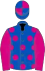 Royal blue, cerise spots and sleeves, quartered cap