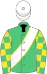 Emerald green, white sash, emerald green and yellow checked sleeves, white cap