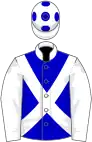 Blue, white sleeves, collar and cross-belts, white cap, blue spots