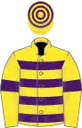 Yellow, purple hooped, yellow sleeves, purple armlets, yellow cap, purple hooped