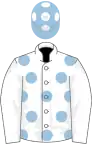 White, light blue spots, white sleeves, light blue cap, white spots