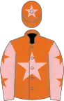 Orange, pink sta, pink sleeves, orange stars, orange cap, pink star