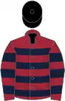 Maroon, dark blue hooped, maroon sleeves, dark blue hooped, black cap