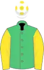 Emerald green, yellow sleeves, white cap, yellow spots