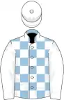 Light blue and white check, white sleeves and cap