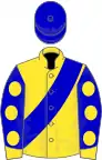 ellow, blue sash, blue sleeves with yellow spots and cuffs, blue cap