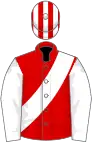 Red, white sash and sleeves, striped cap