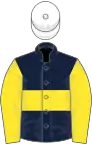 Dark blue, yellow hoop and sleeves, white cap