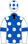 Royal Blue, White spots, White sleeves, Royal Blue armlets and spots on White cap