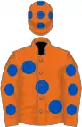 Orange, blue large spots, orange sleeves, blue spots, orange cap, blue spots