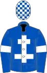 Royal blue, white cross of lorraine and armlets, check cap