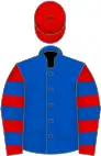 Royal blue, red and royal blue hooped sleeves, red cap