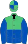 Emerald Green and Royal Blue (halved horizontally), Blue sleeves, quartered cap